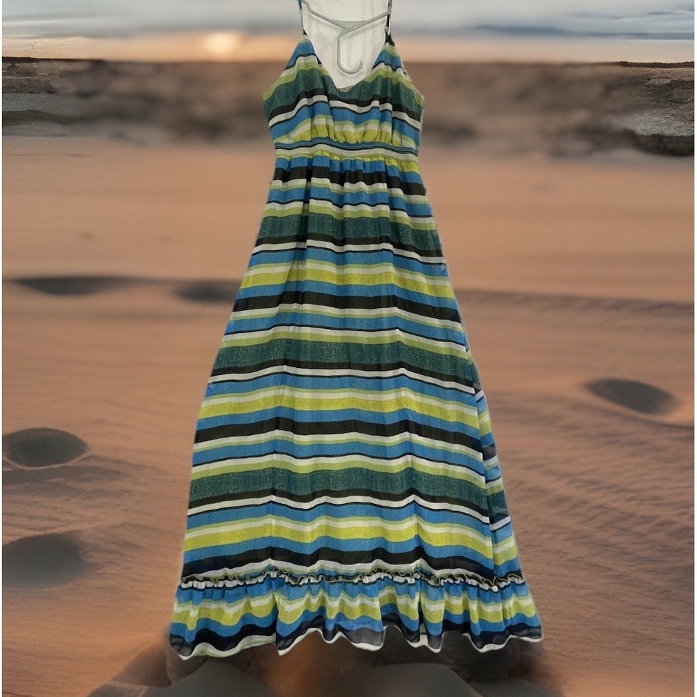 Banana Republic Dress Womens 12 Multicolor Striped Maxi V Neckâ Spaghetti Strap